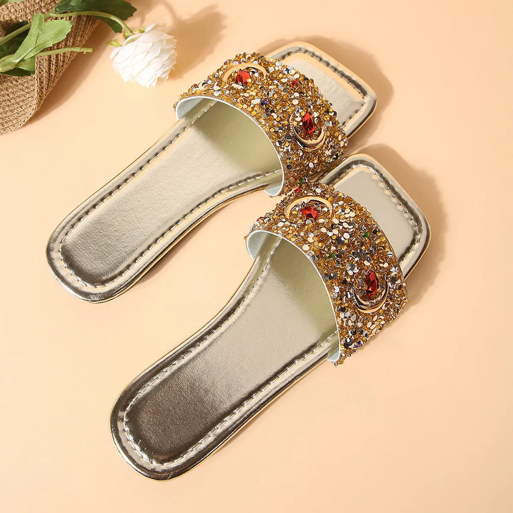 Women's gold rhinestone flat slippers with PU upper and rubber sole, size 36 to 43