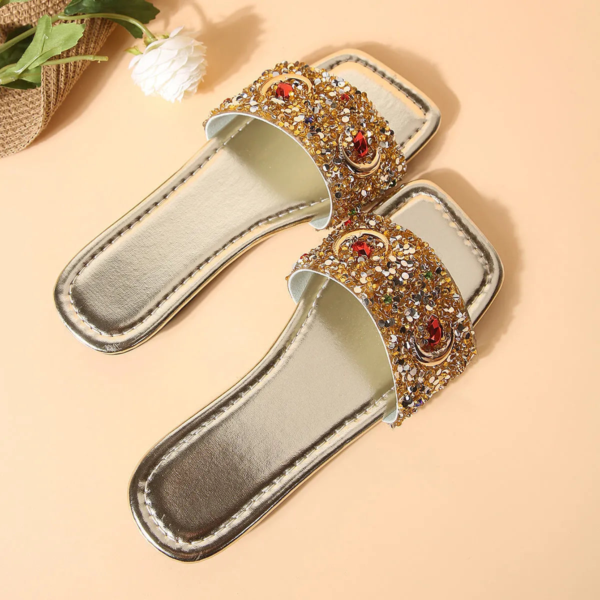 Women's gold rhinestone flat slippers with PU upper and rubber sole, size 36 to 43