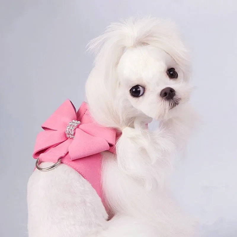 Microfiber dog chest strap harness with decorative bowknot in blue, orange, and pink colour options