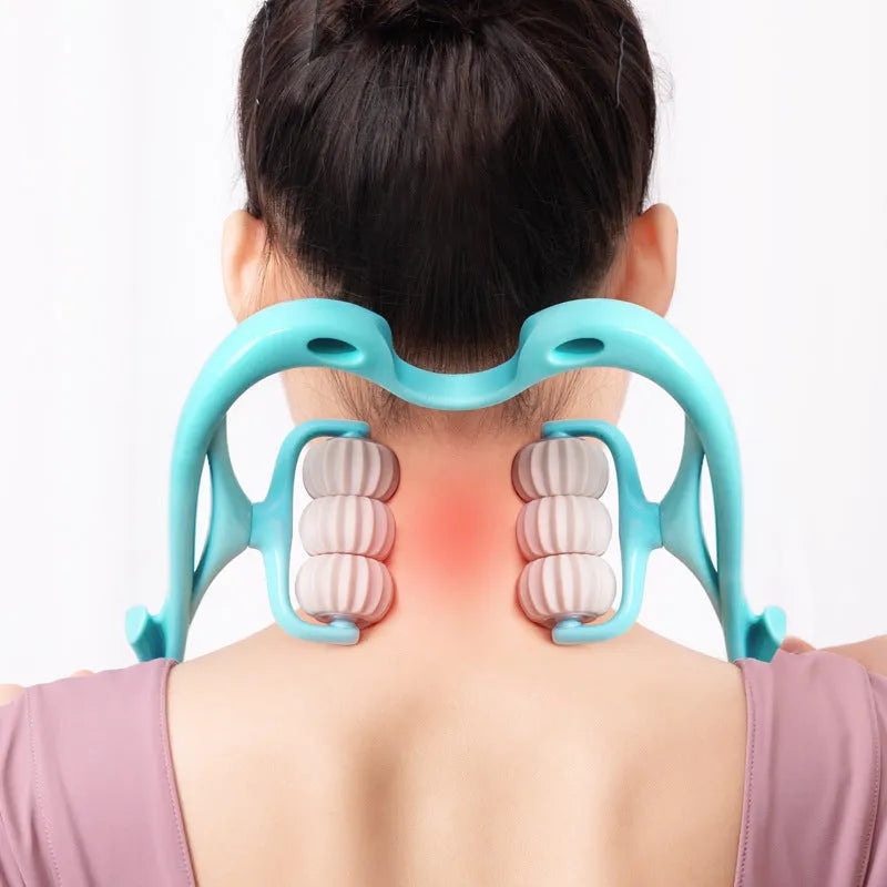 Blue plastic handheld massager with six white rolling wheels for neck and shoulders.