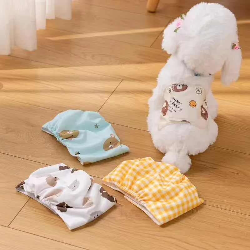 Reusable dog diaper belly band with cartoon paw print design, male dog sanitary pant, leakproof polyester with fastener tape