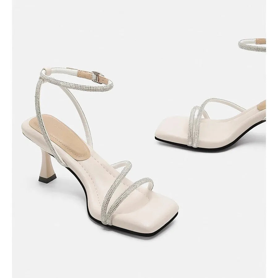 Women's rhinestone sandals with drooping detail, square toe, ankle-strap buckle, silver colour