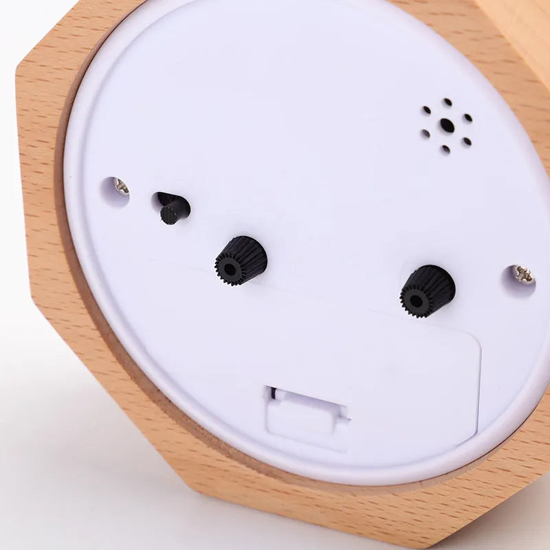 Polygonal beech wood alarm clock with luminous dial, available in brown white and gray white