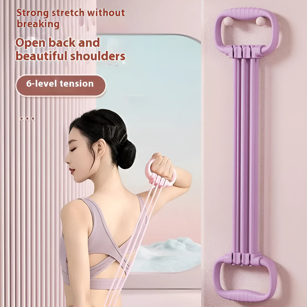 Women's household open shoulder chest expander with 6 gear adjustable TPE pulling rope in blue colour
