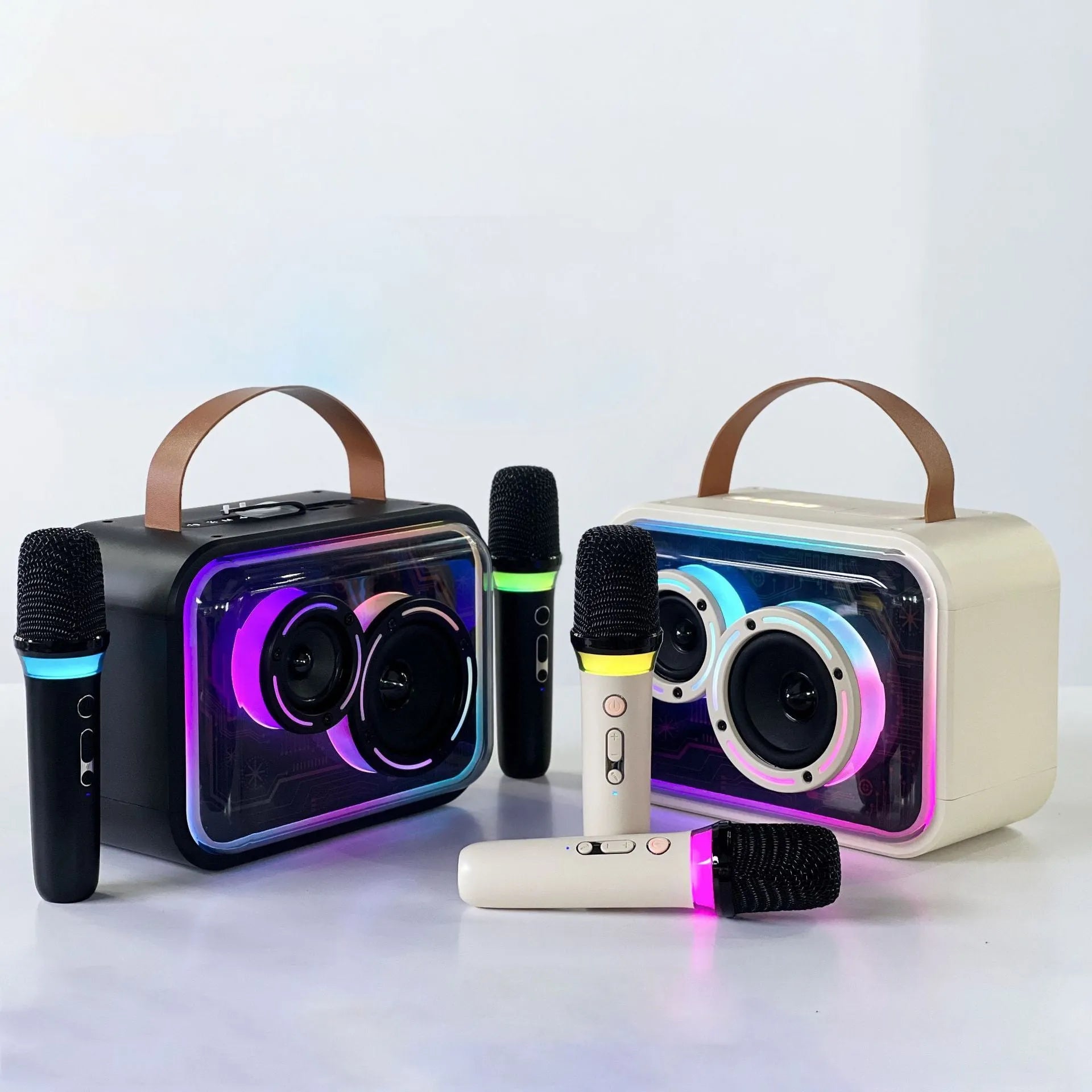 Bluetooth-compatible portable speaker with colourful RGB lights in black, with wireless karaoke microphone