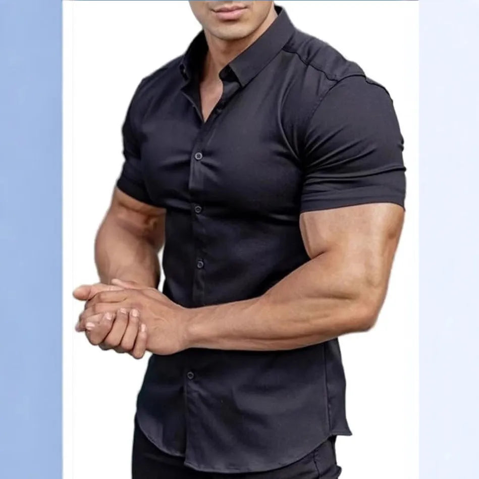 Men's short sleeve printed casual shirt in polyester fabric with collar