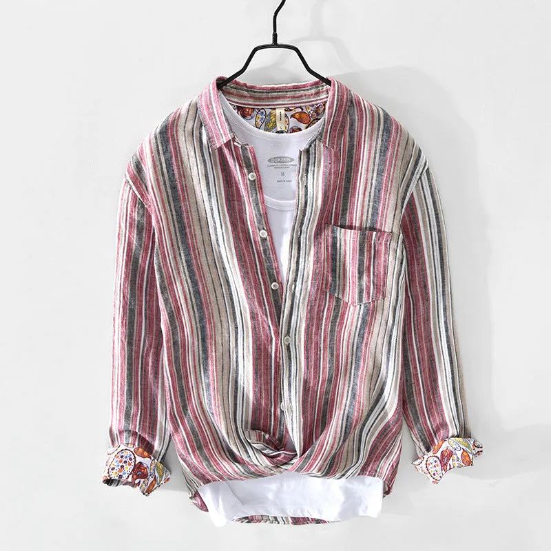 Men's casual linen striped shirt with long sleeves in grey colour option showing loose fit design