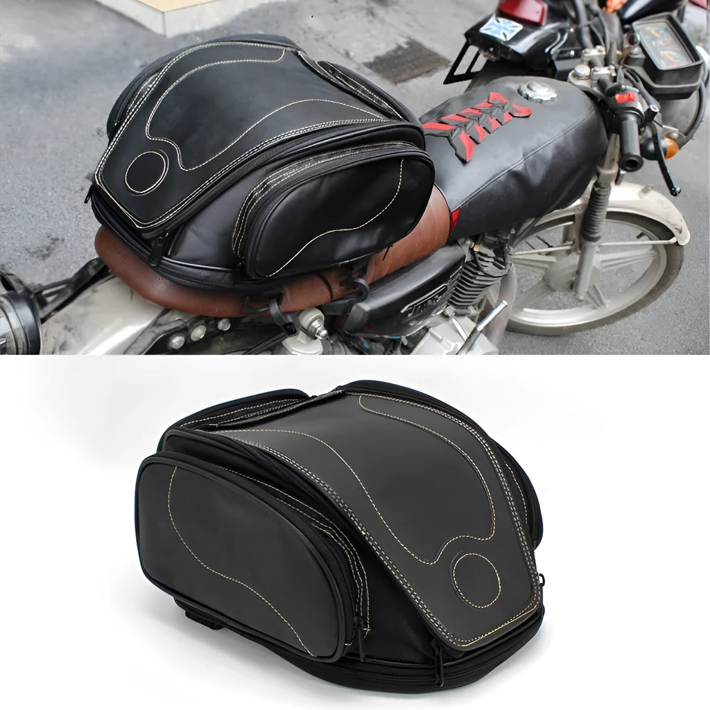 Retro motorcycle tail bag in black for helmet storage with waterproof PVC construction