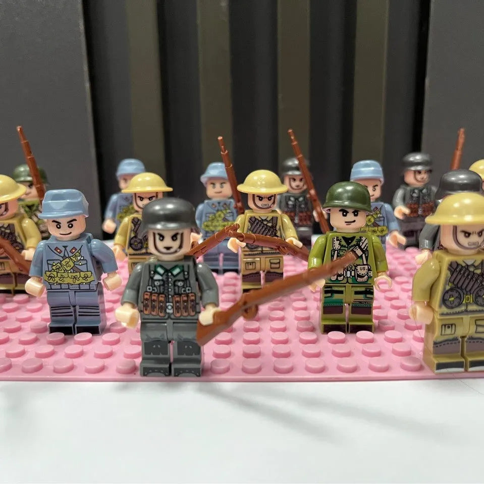 Small particle WWII military building block soldier minifigure toy set in plastic with British, American, German, and Chinese army options