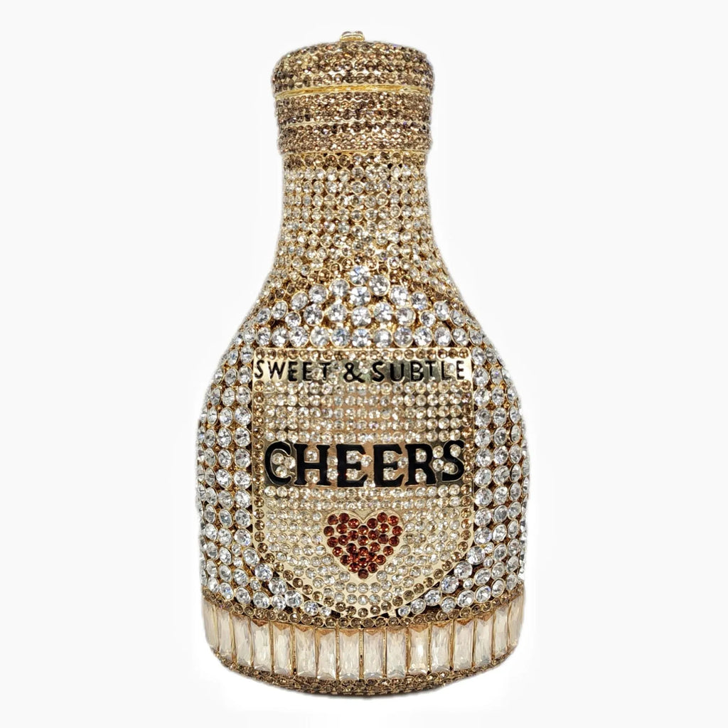 Gold champagne bottle-shaped alloy evening clutch with structured hard case