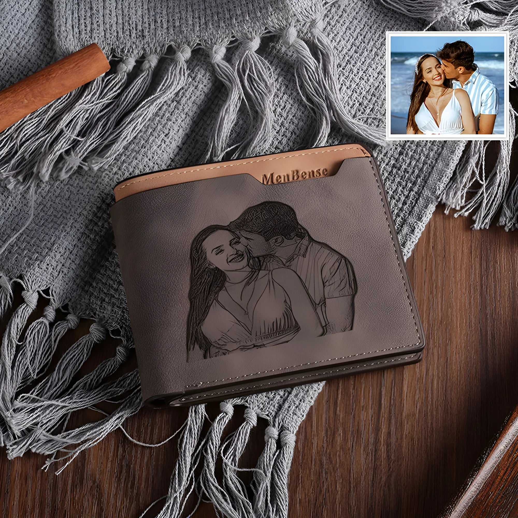 Coffee brown engraved horizontal short PU leather wallet showing front view with personalisation space.