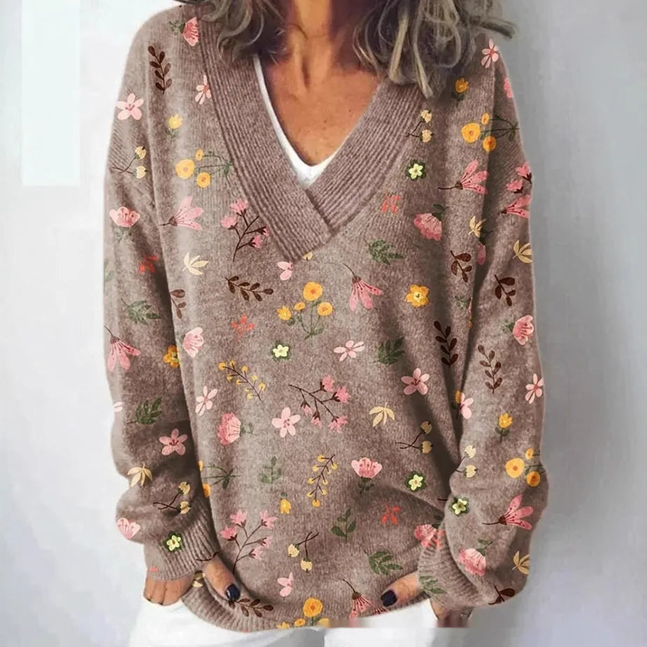 Women's V-neck long sleeve sweatshirt with a 3D floral art retro pattern in various colours