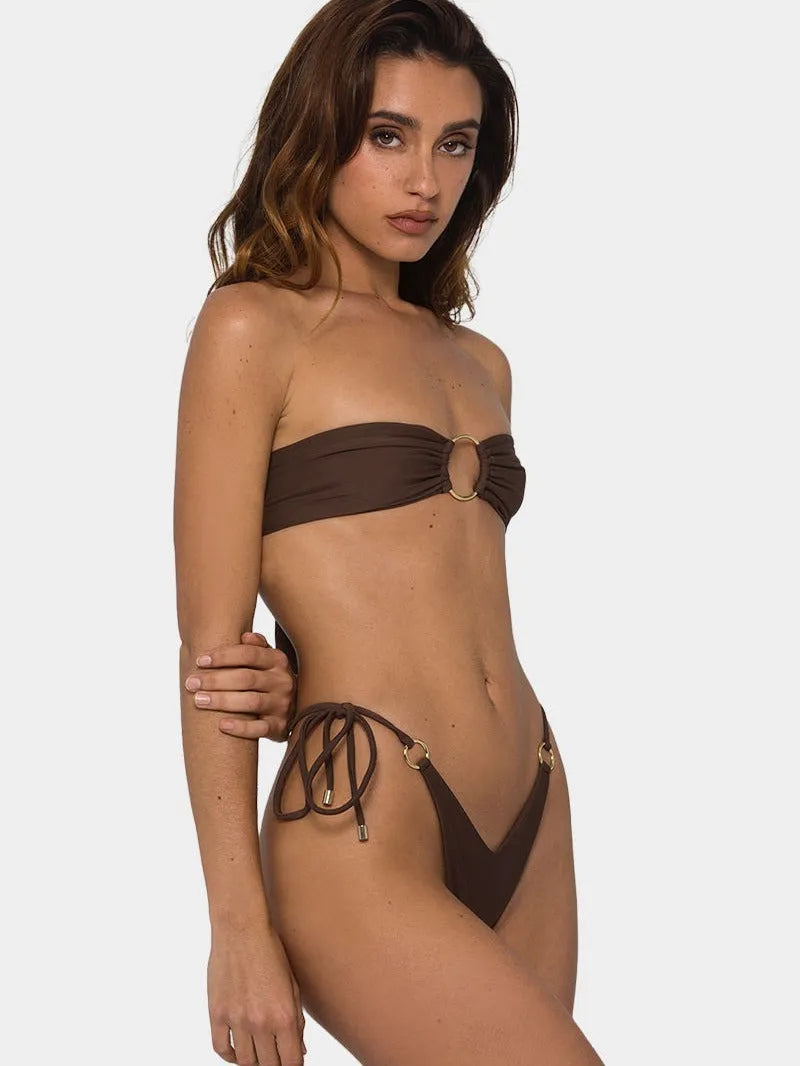 Brown women's tube-top push-up bikini swimsuit with ring tether and split style design