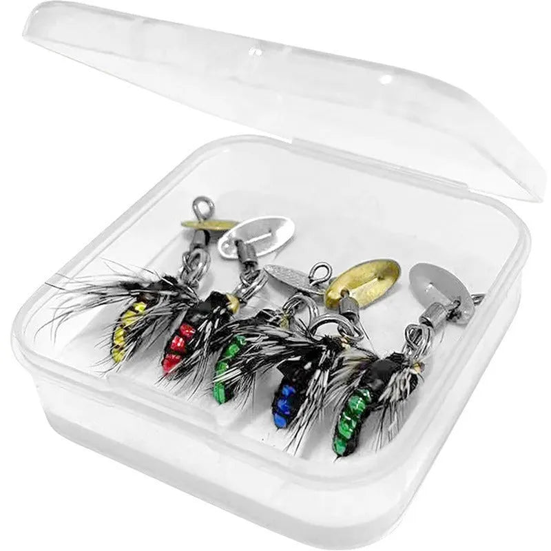 Five bionic fishing hooks with spinning sequins in multicolour mosquito and fly patterns