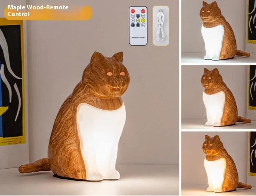 Cat ornament USB table lamp with wood grain finish, 15cm base, 16.2cm height