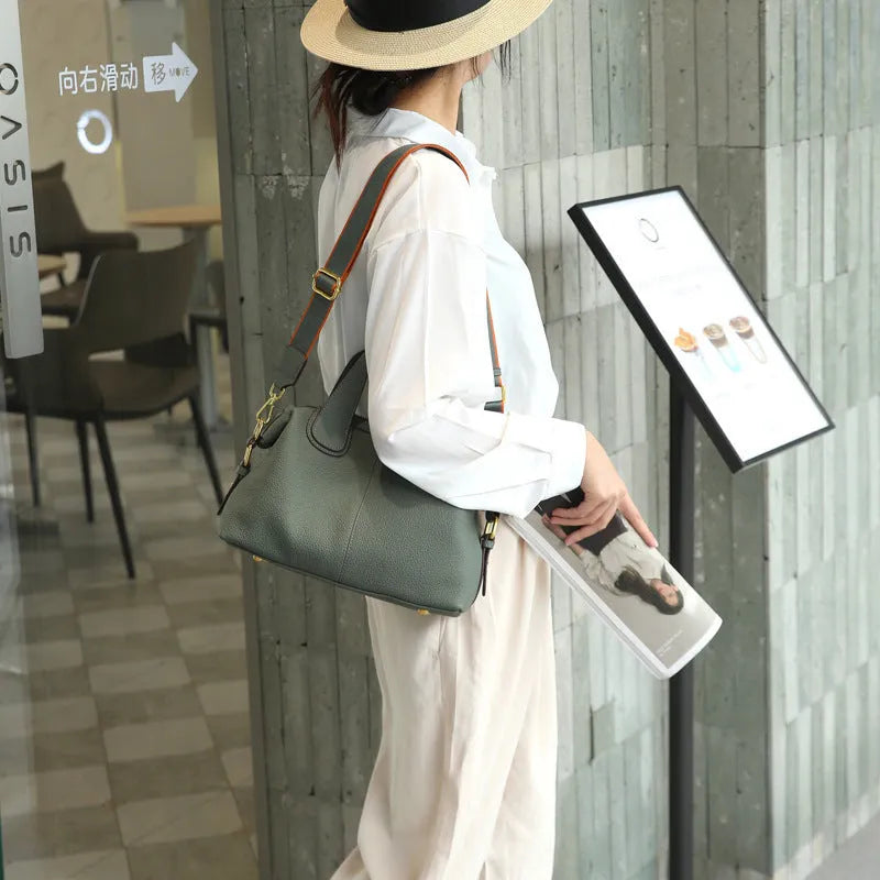 Genuine leather cross-body shoulder bag horizontal square shape 30x13x22 cm sewing thread detail