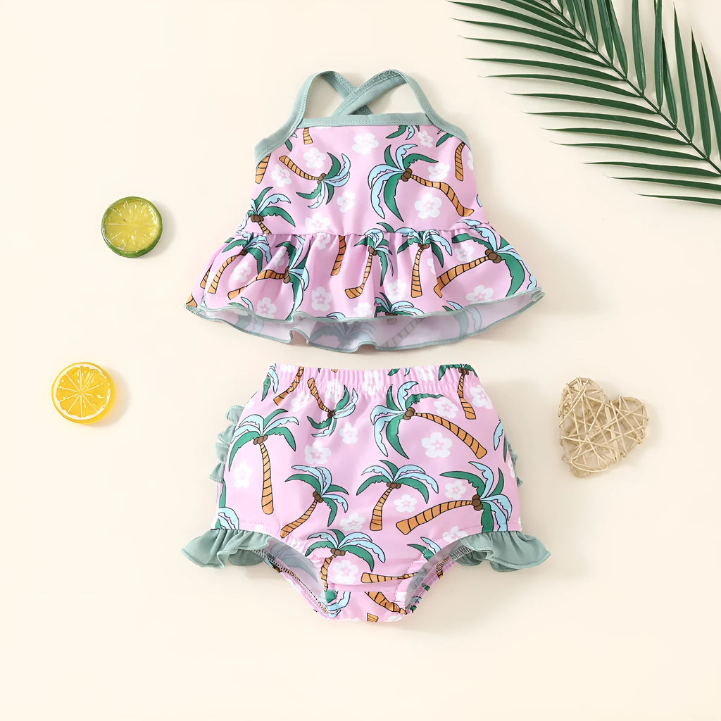 White children's two-piece swimsuit set with shirt and shorts on hanger