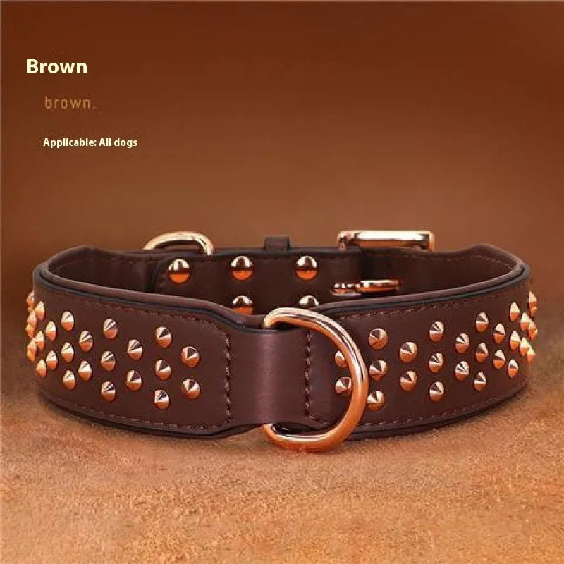 Leather dog collar with metal anti-bite rivets in black, chocolate, or pink.