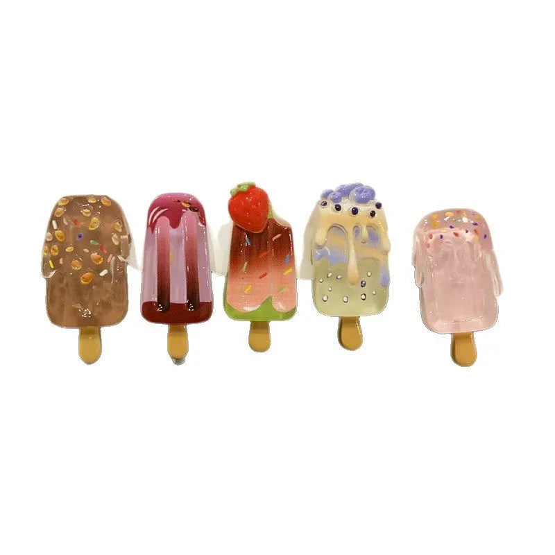 Cartoon ice cream resin barrette side clip for women in beige colour with ice candy design