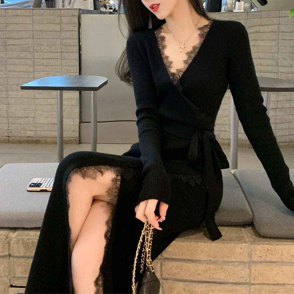 Black slim fit women's woolen skirt in princess dress style with solid colour design