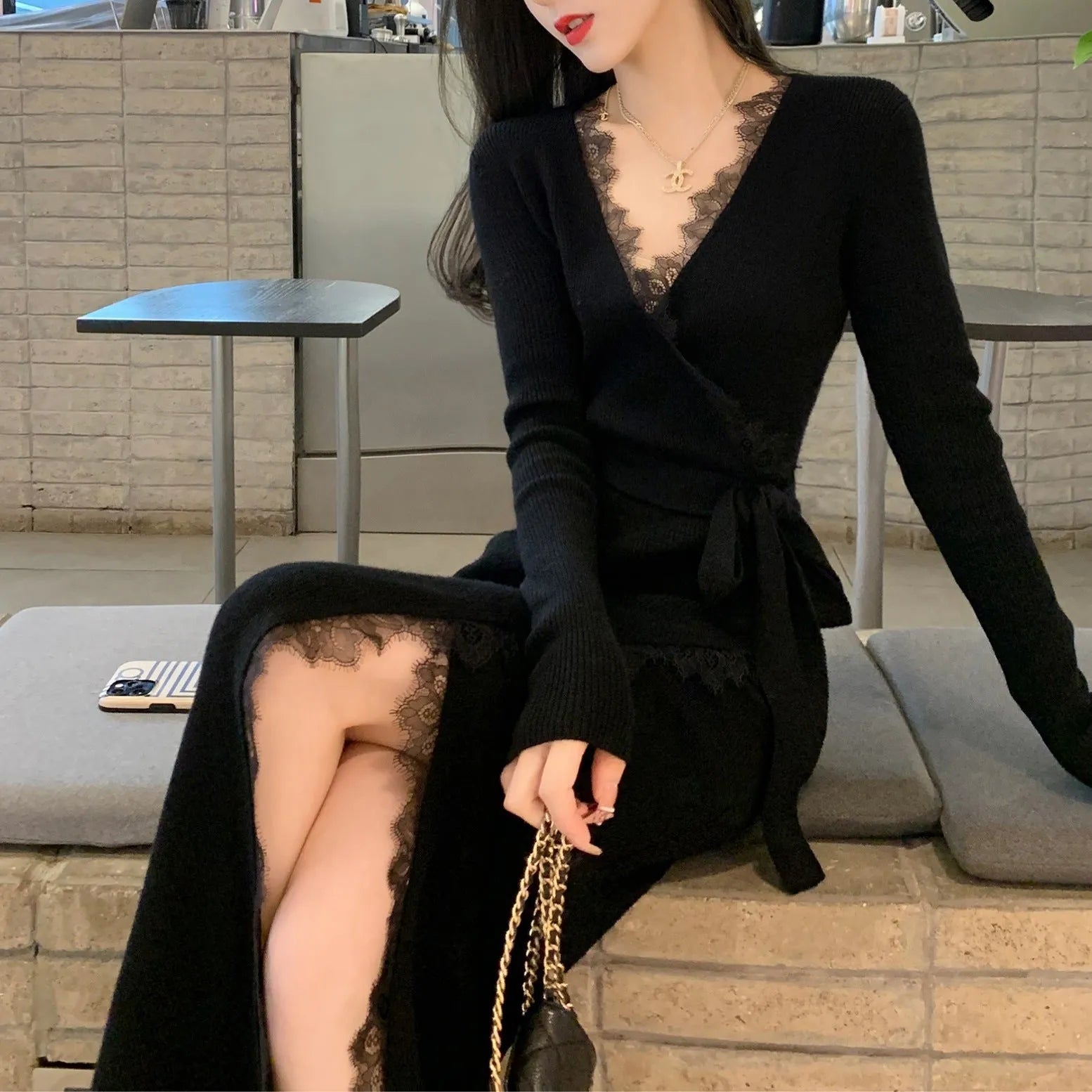 Black slim fit women's woolen skirt in princess dress style with solid colour design