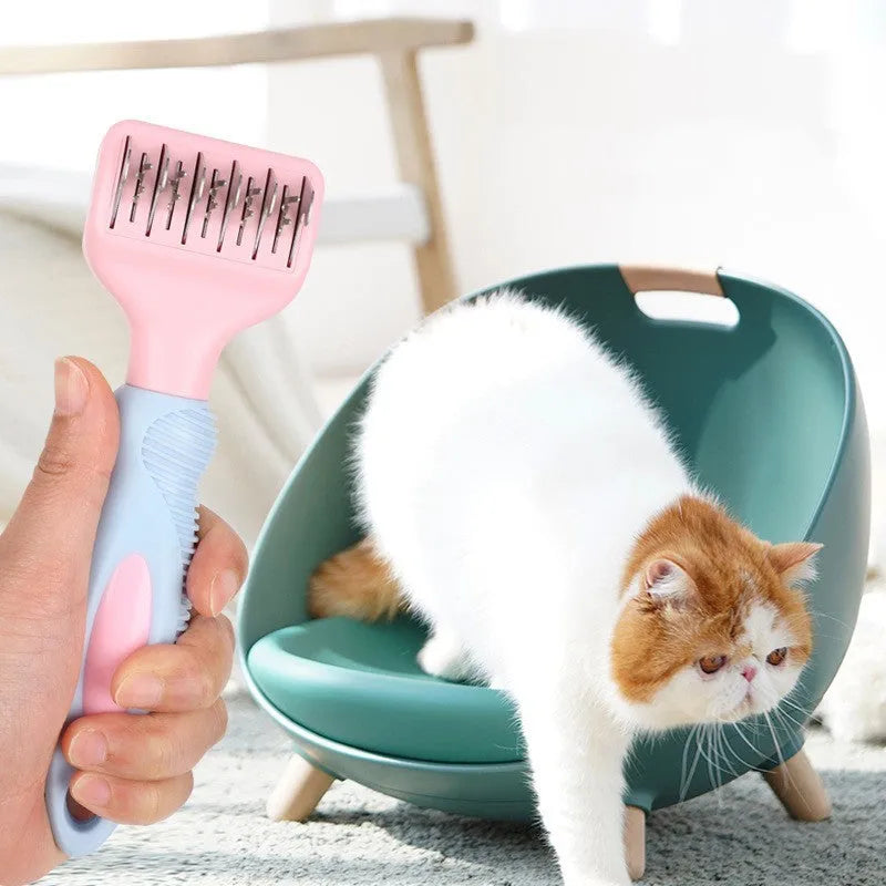 Stainless steel pet grooming comb with integrated knot knife for dogs and cats