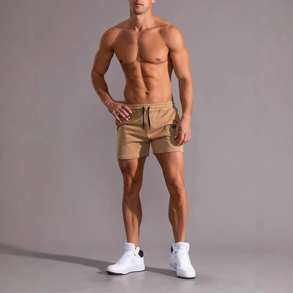 Men's khaki shorts with white coconut print pattern, straight leg style, micro-elastic polyester fabric for summer sports and beach wear