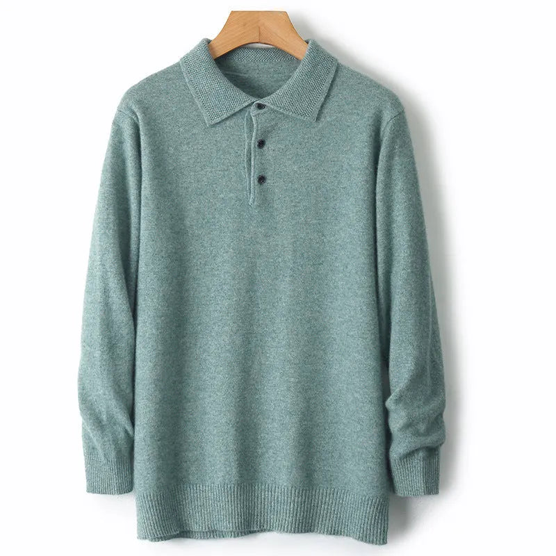 Men's grey woolen pullover sweater with a polo collar, shown on a model.