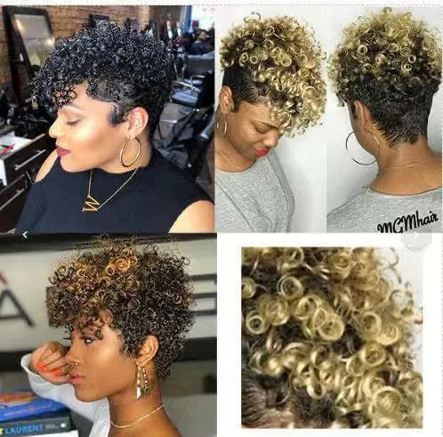 Short synthetic wig with exotic simple rolls styling in Kanekalon fibre on a wig stand.