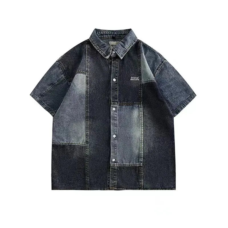 Blue Japanese-inspired men's denim shirt with washed stitching and loose cardigan fit