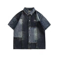 Blue Japanese-inspired men's denim shirt with washed stitching and loose cardigan fit