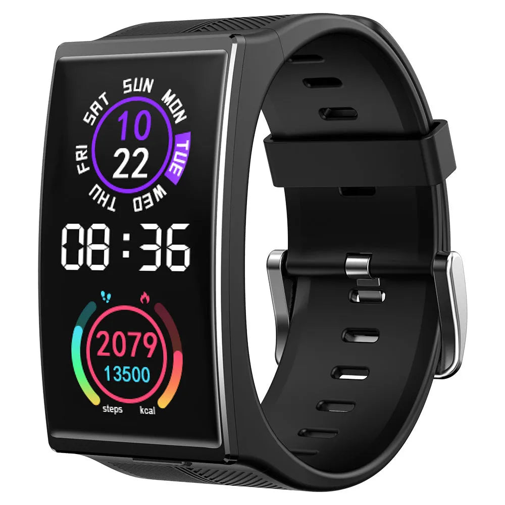 Bluetooth waterproof blood pressure sports watch with 1.91-inch screen and black silicone strap on wrist