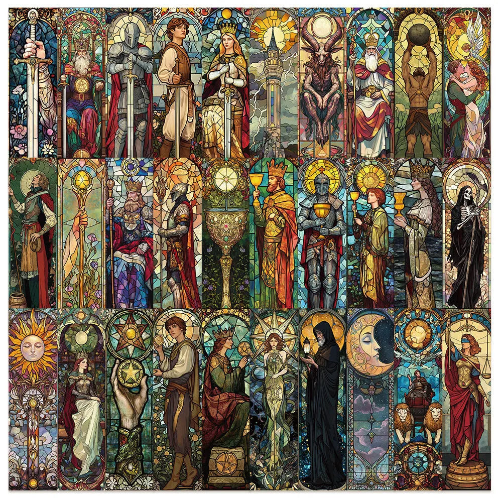 30 tarot bookmarks with painted glass artwork in colourful designs on paper material
