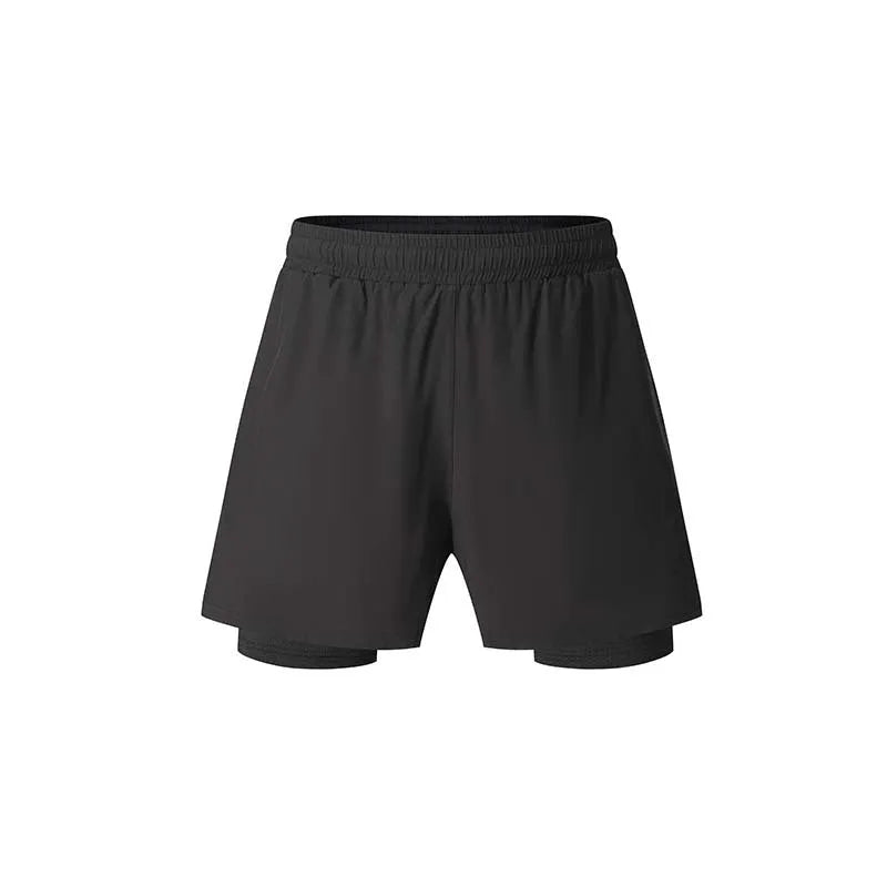 Summer men's double-layer running shorts in black with high elastic fabric and inner liner