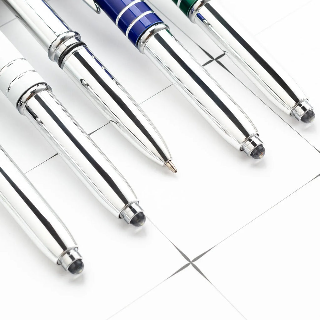 Metal capacitive stylus ballpoint pen with LED light in red, black, white, green or blue colours