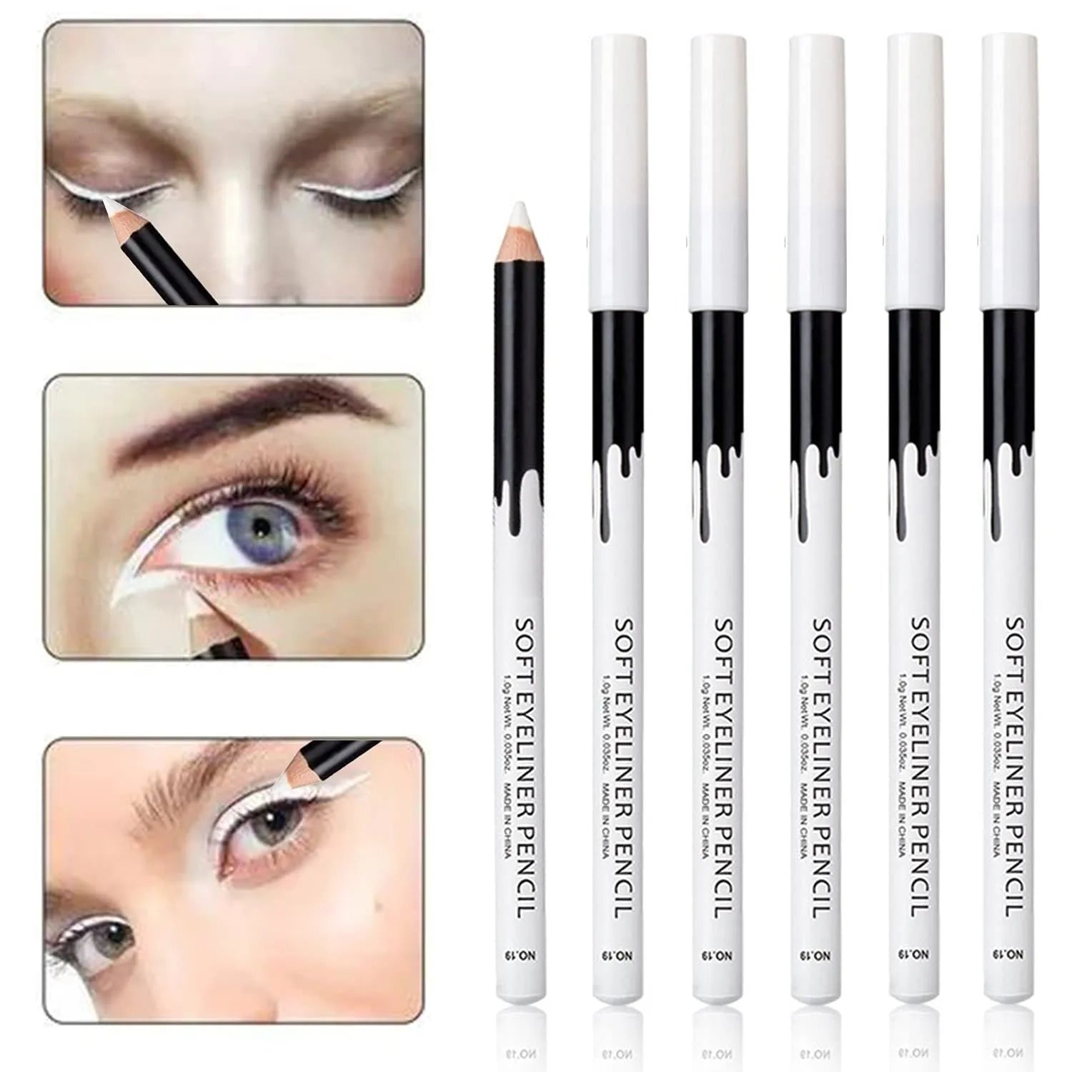 12 white and black waterproof eyeliner pencils with retractable design and sharpener for multi-use makeup