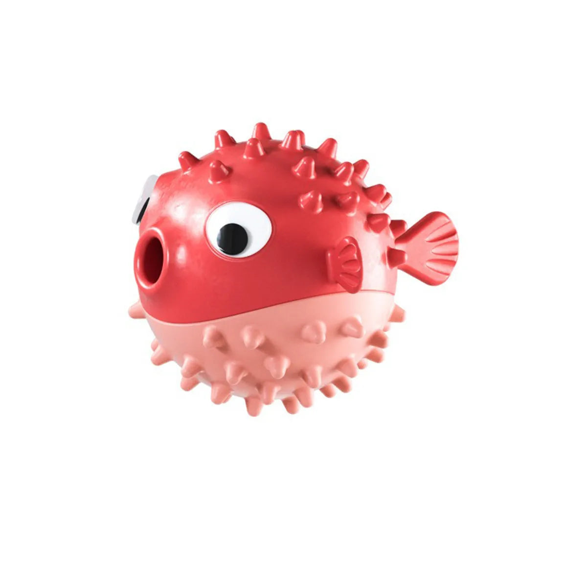 Yellow fish-shaped vinyl dog chew toy with textured surface and squeaker inside.