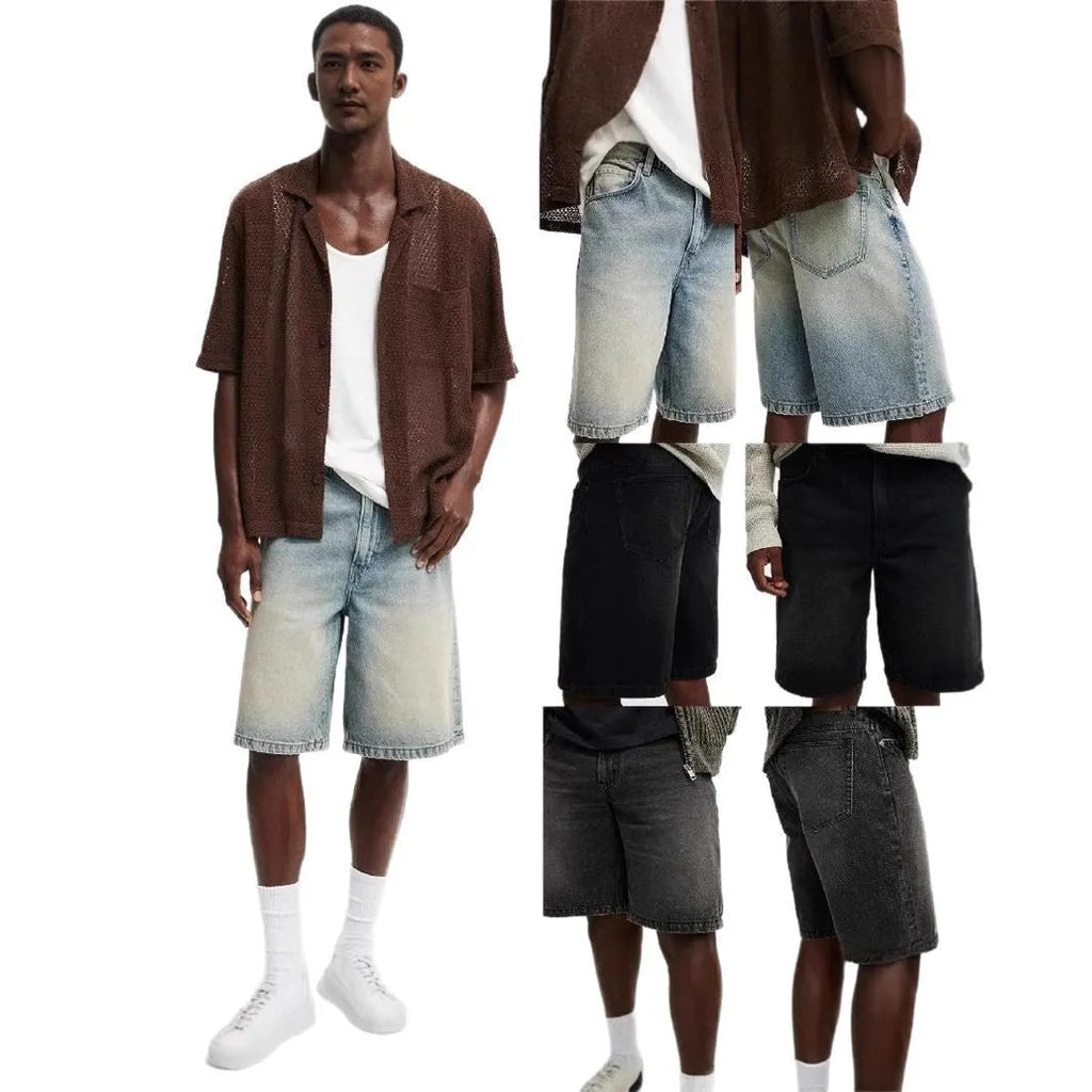 Men's loose straight leg denim jeans in light blue, black and grey colours showing street-style casual fit