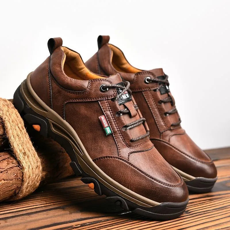 Men's British style round toe leather shoes with front lace-up and rubber sole, available in black and brown