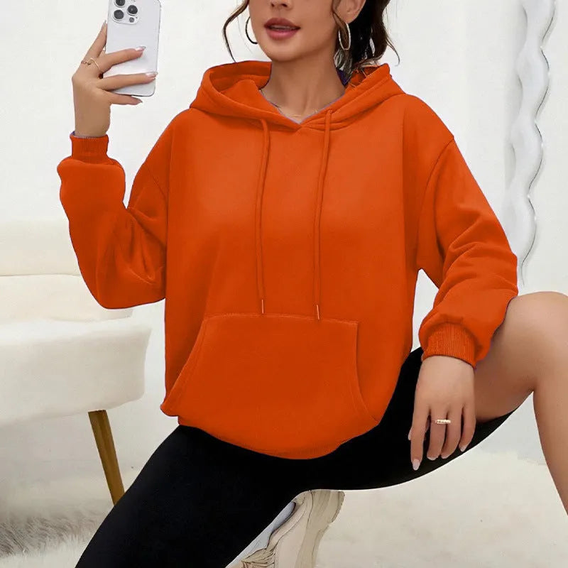 Loose long sleeve women sweatshirt with drawstring hem and front pocket in various colours like khaki and orange gray