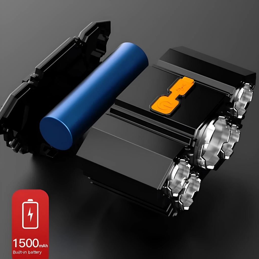 A PVC-built, head-mounted 10W LED miner's lamp with adjustable strap, shown with its USB charging cable and colour box packaging.