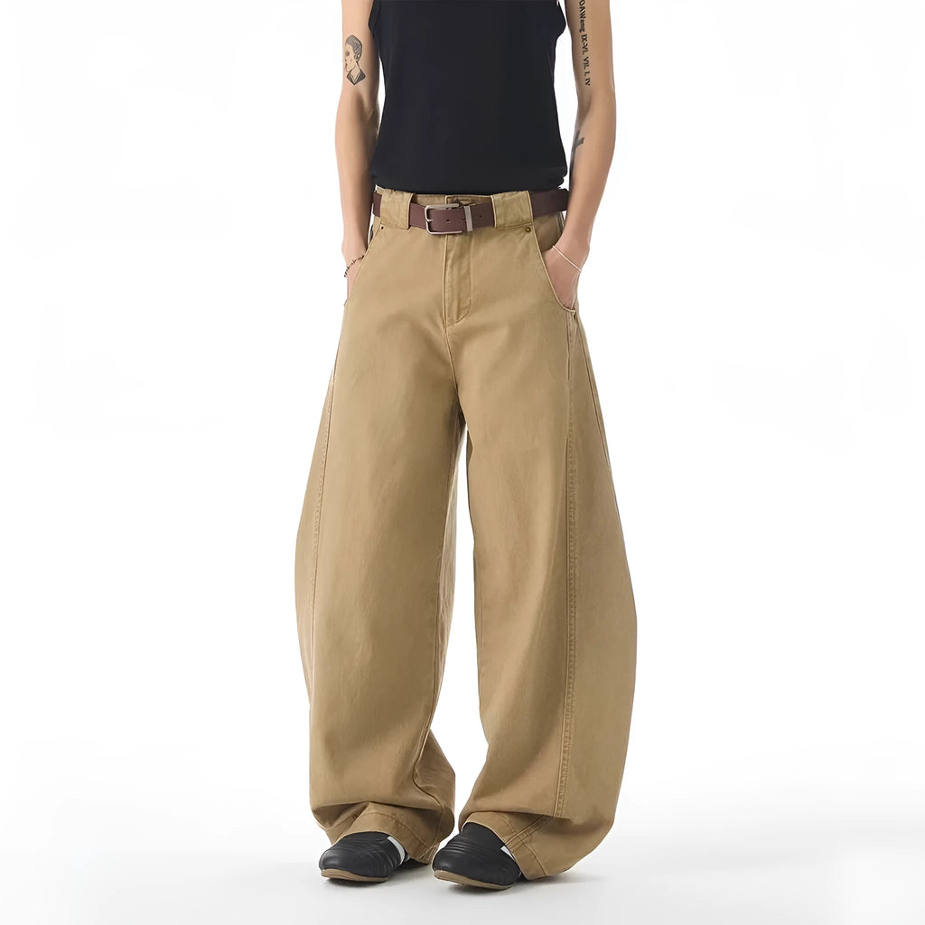 Men's brown loose-fit straight jeans with Korean-style design and elastic denim fabric