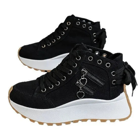 Women's high-top platform casual shoes round toe artificial PU in black, blue, or khaki