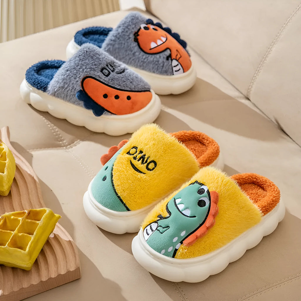 Cotton plush indoor slippers with dinosaur print in three colours, extra thick padding, showing couple pair