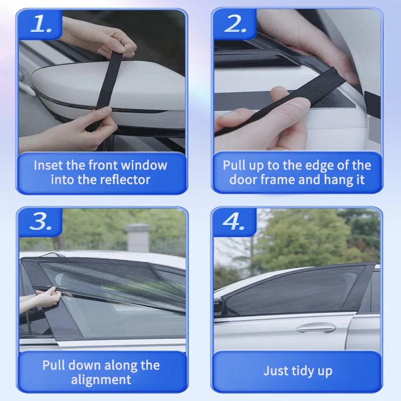 Set of five stretchy mesh car side window sunshades for front and rear windows on a vehicle.