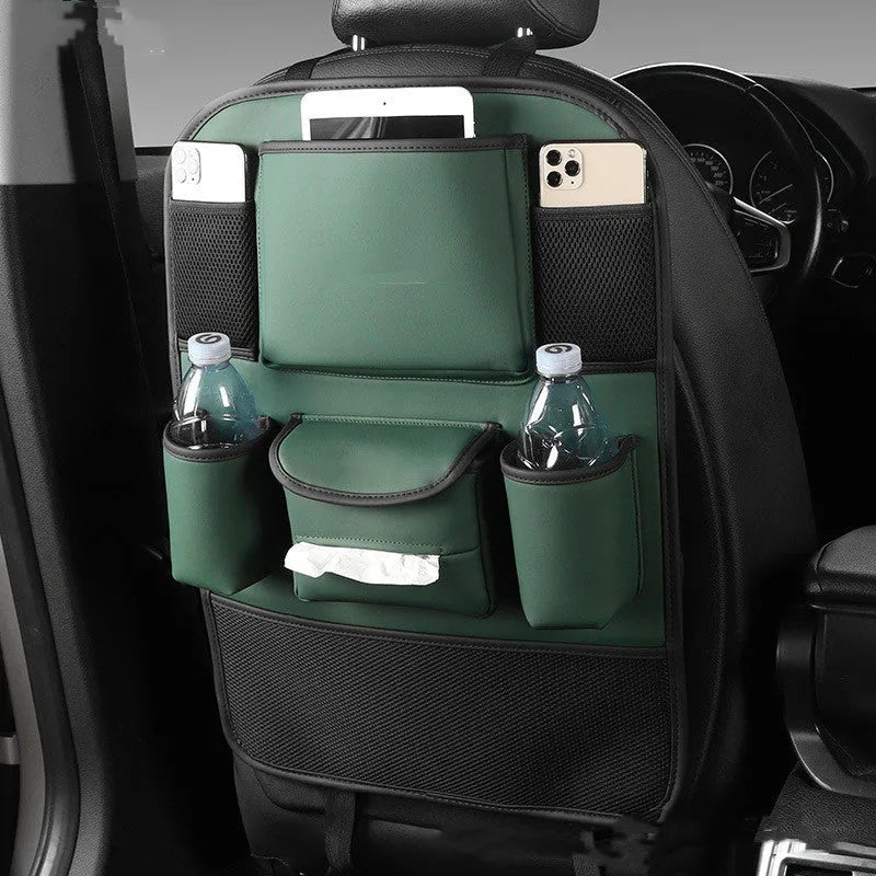 Leather car seat back storage bag in black colour mounted behind vehicle seat