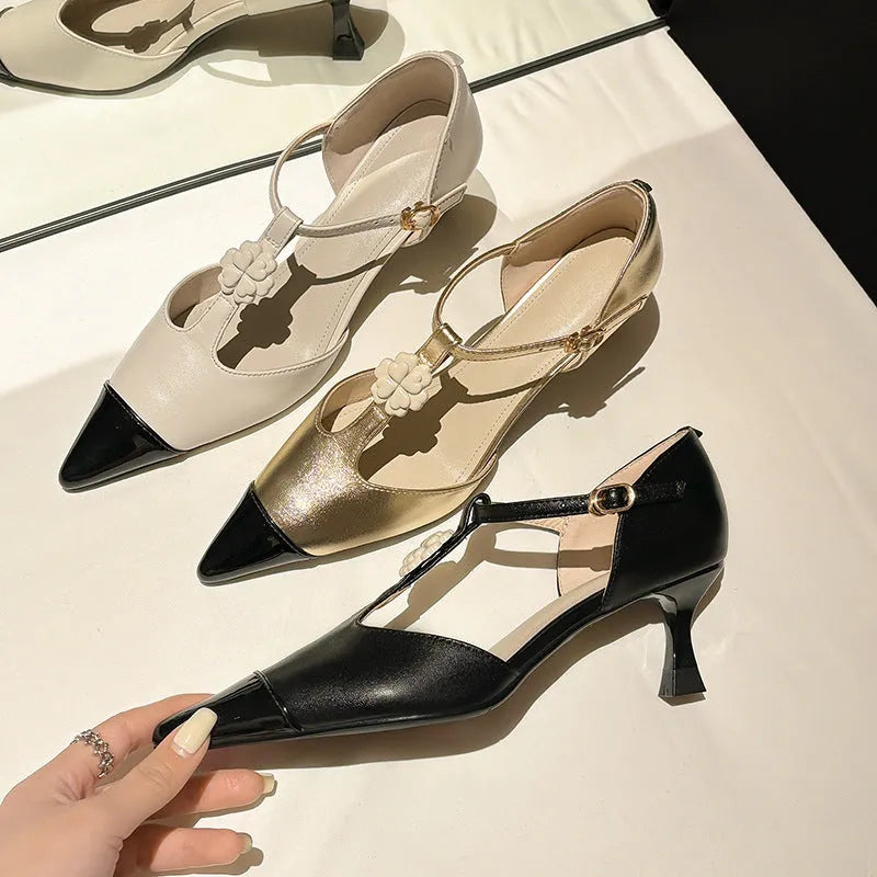 Women's pointed toe stiletto heel shoes with flower buckle decoration in shallow mouth cut style
