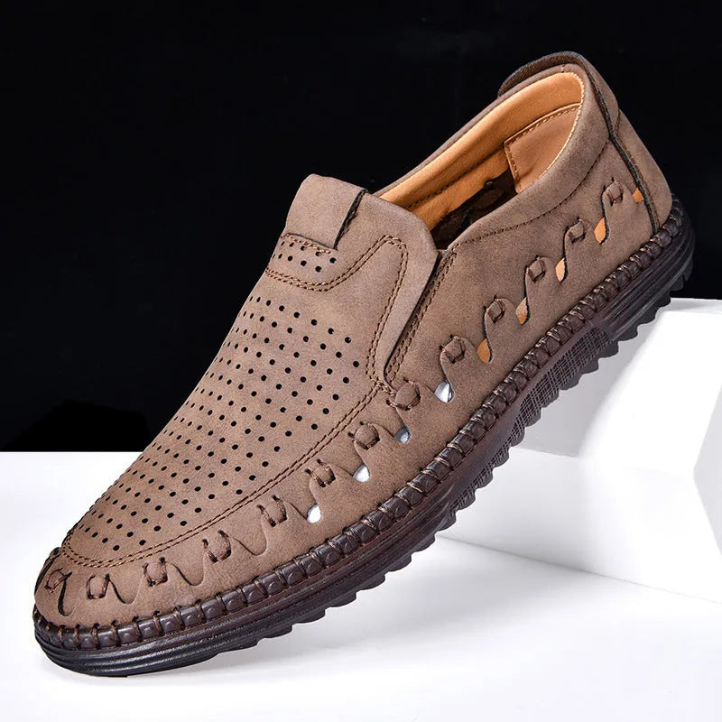 Men's brown slip-on casual shoes with round toe and low-top PU upper.