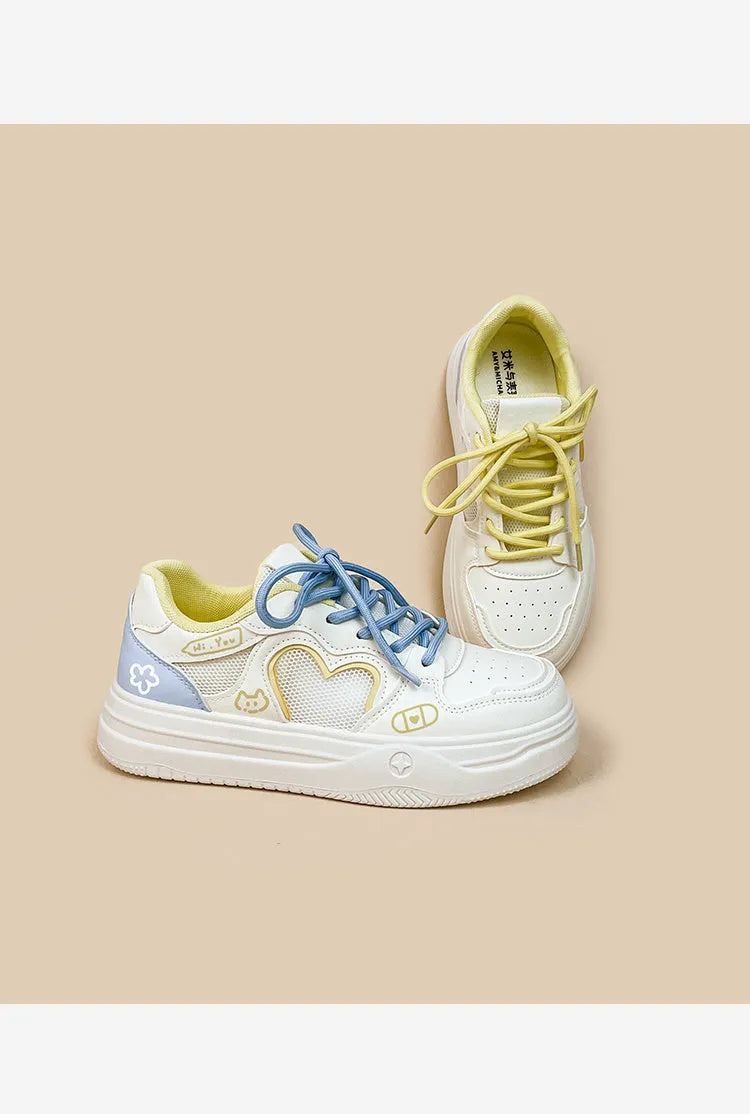 Korean style mesh sneakers in Meow Rabbit Sea Salt Cheese colour with cross-strap design and thick rubber sole