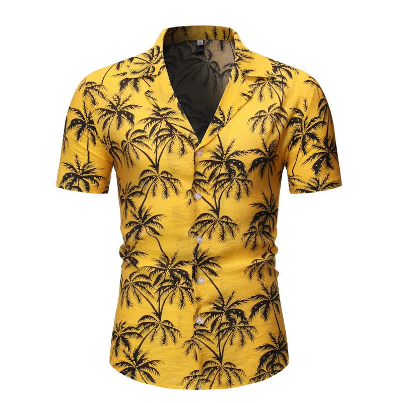 Men's loose lapel print top long sleeve polyester casual shirt in light blue, white, and yellow